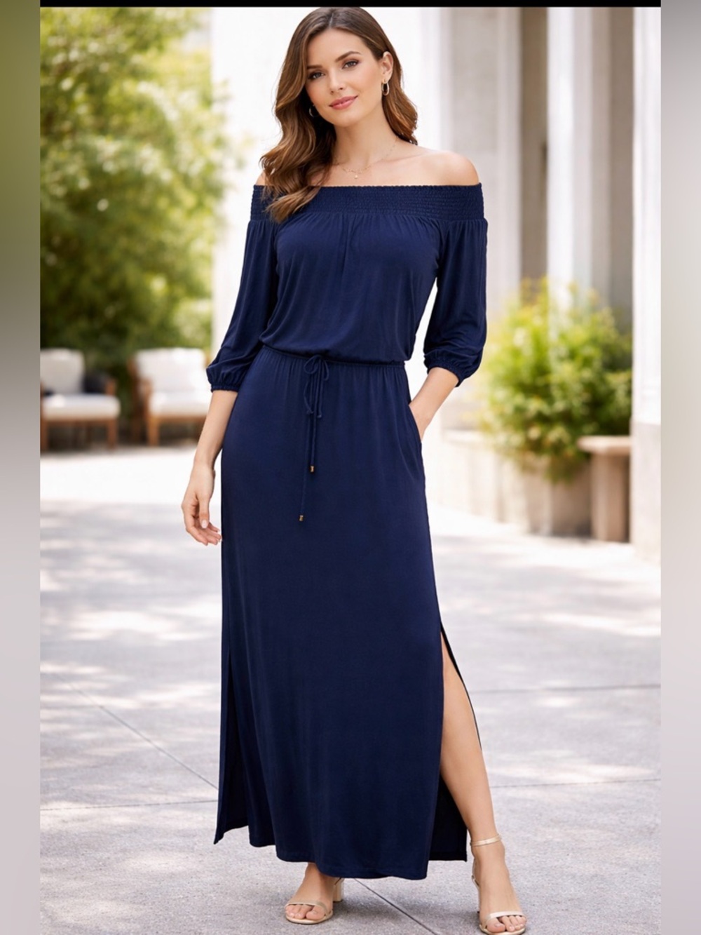 ELLA MOSS BELLA SIDE SLIT MIDI  NAVY BLUE DRESSsz M NWT